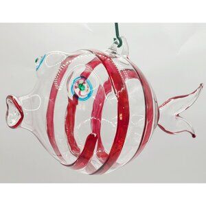 Hand-Blown Glass Puffer Fish Made in Italy Holiday Ornament Red Ribbon Design